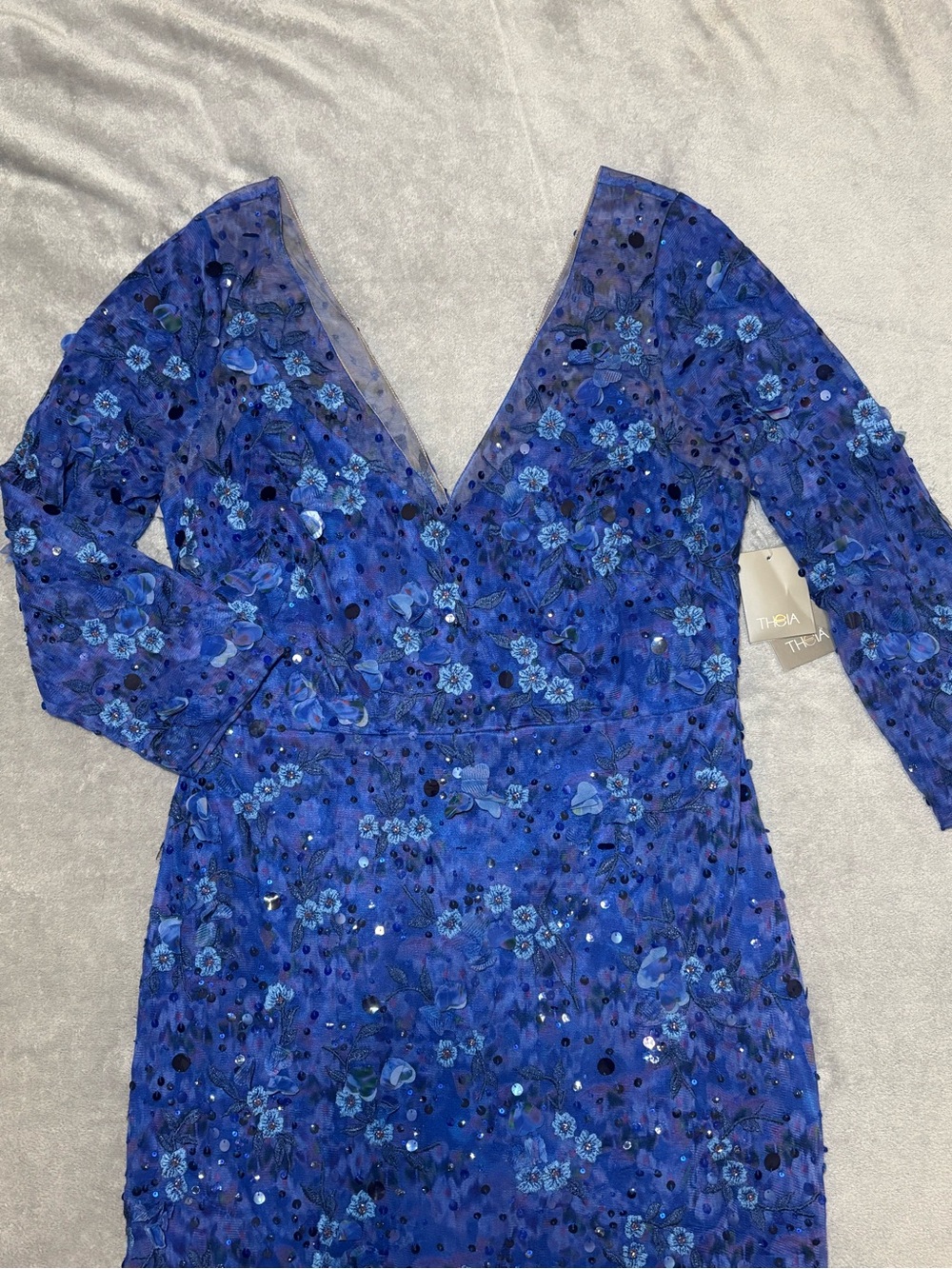 Theia Elodie V-Neck Cocktail Dress Azure Blue Floral Sequin Sz 14 NWT
